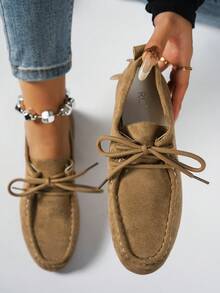 Spring New Women's Chain Loafers, Soft Leather English Style Penny Loafers Slip-On Flat Shoes (Suggest Ordering One Size Up) - Khaki - View 2