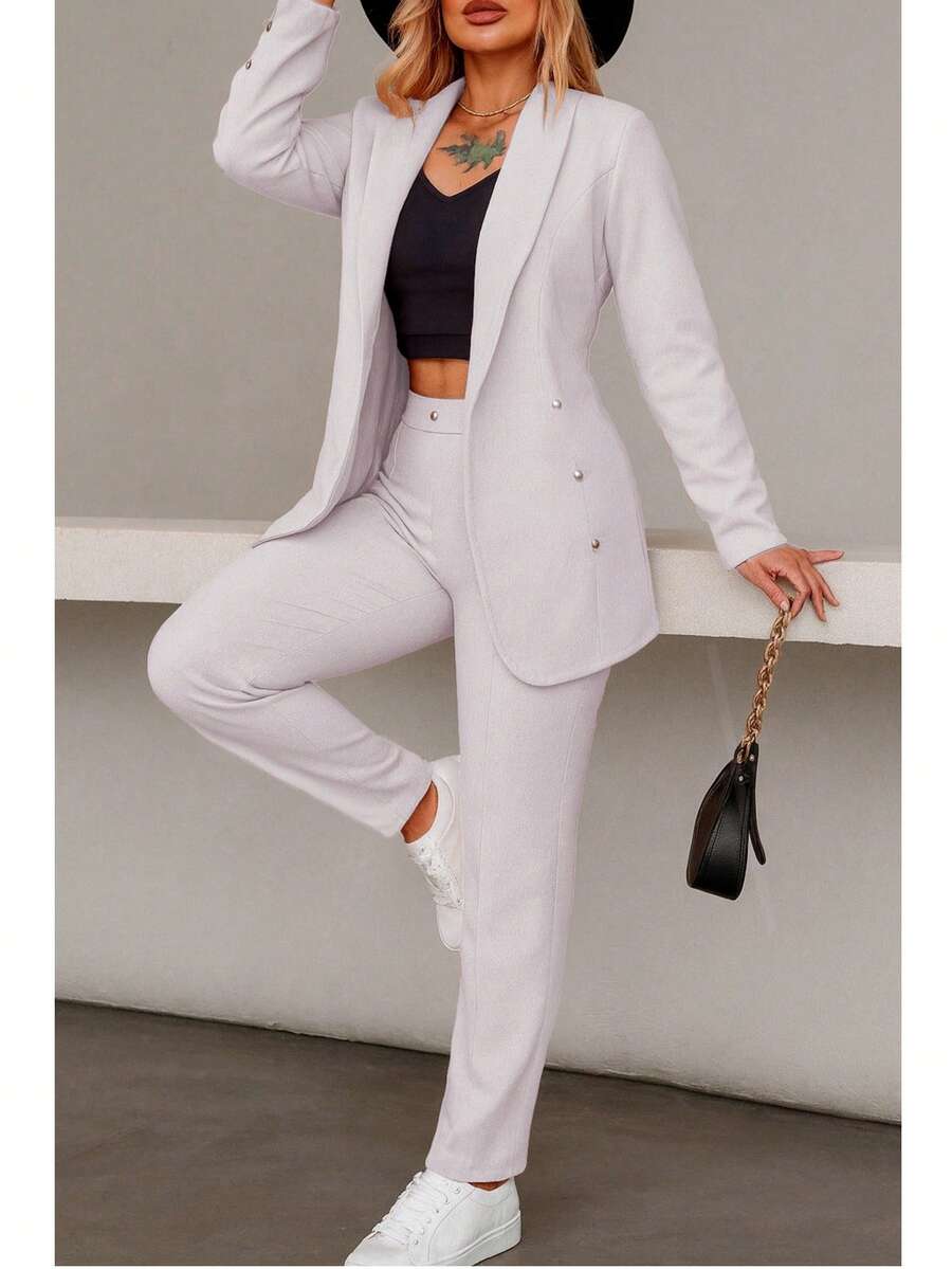 Elegante conjunto de traje liso de manga larga con cuello chal y doble botón para mujer, con bolsillos, para oficina y trabajo.
