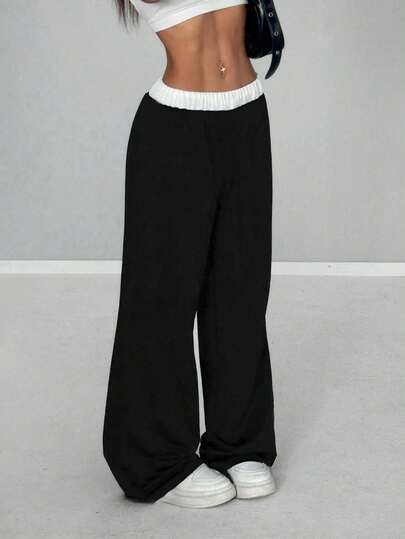 1pc Black & White Knit Waistband Contrast Color Drawstring Loose Wide Leg Personalized Korean Style Retro Sports Casual Campus Pants, Suitable For Spring, Autumn, Winter - Teen Girls