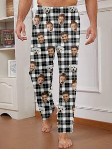 Pantalones de pijama personalizados para hombres con foto de retrato grande única, reemplazo de rostro de pareja, ambiente festivo - Blanco y Negro - Ver 4