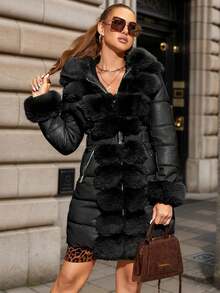 Giolshon Women's Fall/Winter Padded Jacket With Fluffy Hooded Collar, Padded Coat - Black - View 1