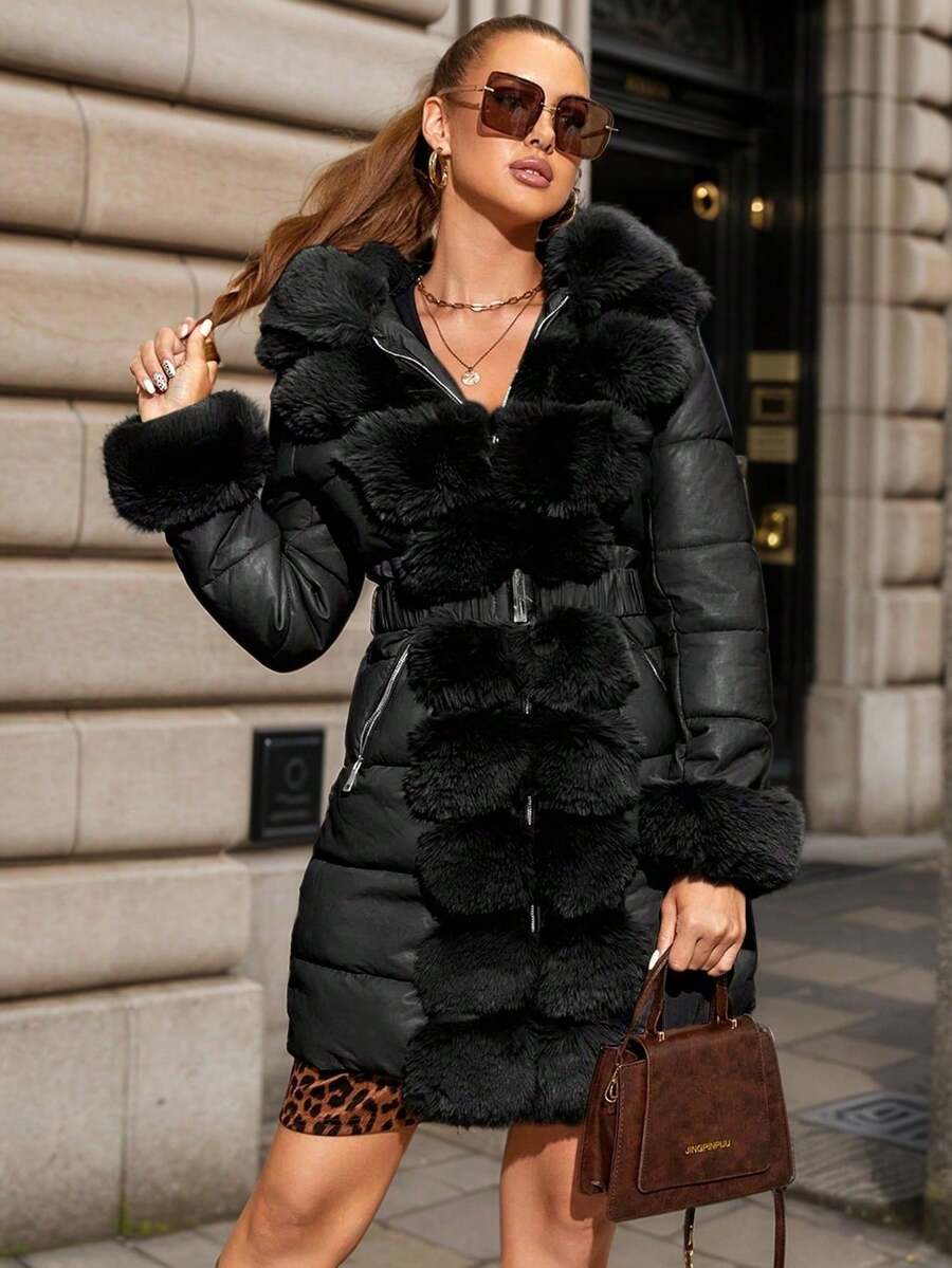 Giolshon Women's Fall/Winter Padded Jacket With Fluffy Hooded Collar, Padded Coat - Black - View 1