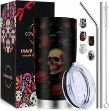 Taza Aislada de 20 oz Día de los Muertos y Halloween - Aislamiento de Doble Pared, Diseño de Calavera y Catrinas - Ideal para Café y Agua - Decoración Festiva para el Hogar o la Oficina (Múltiples Colores) - Rojo - Ver 8