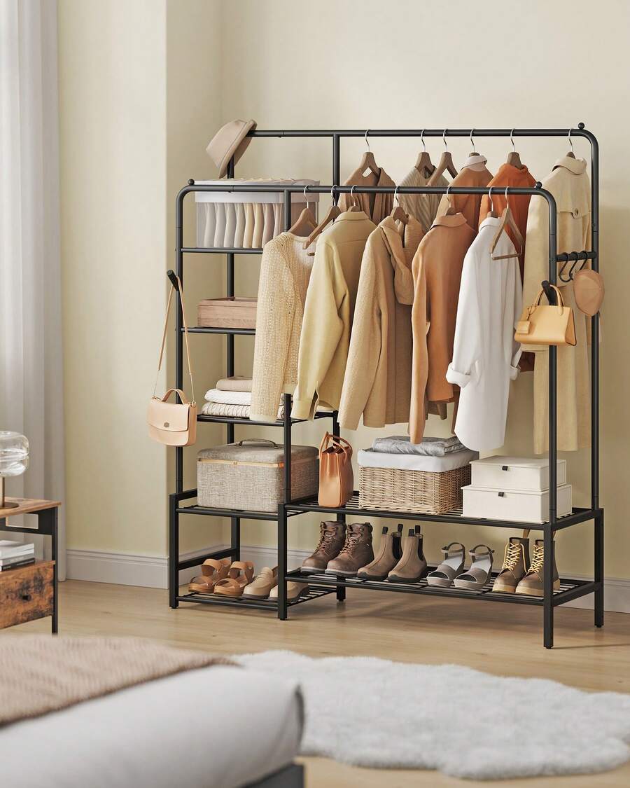 Stand Appendiabiti, Guardaroba Aperto, 7 Ripiani Portaoggetti, Struttura in Metallo, Barre Appendiabiti, Camera da Letto, Soggiorno, Ingresso, Nero - Circa 45 x 115,8 x 172,8 cm - Visualizzare 1