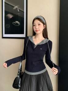 女士二合一连帽长袖T恤，高领，刺绣装饰，修身版型，2025秋季款 - 寶藍色 - 查看 6