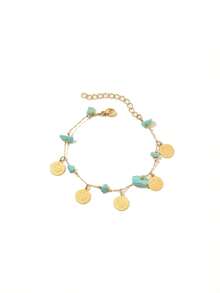 1 件复古优雅铜合金镀金蓝宝石和硬币流苏手链，适合女性日常佩戴和节日礼物 - 金黃色 - 查看 4