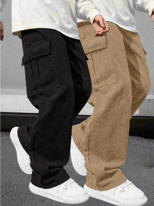 2pcs Boys/Teens Casual Sports Outdoor Cargo Pants With Large Pockets, Spring & Autumn