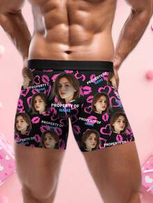 1pc Customized Men's Briefs, Can Be Personalized With Face Graphic, Decorated With Pink Hearts, Lip Prints And Other Romantic Elements. This Customizable Men's Briefs Make A Sweet And Romantic Gift For Couples, Anniversary, Wedding Anniversary, Couples, Best Friends, Boyfriend/Husband. - Black - View 3