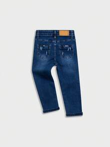 男童时尚做旧水洗弹力棉质紧身休闲牛仔裤 - 深色水洗藍 - 查看 3