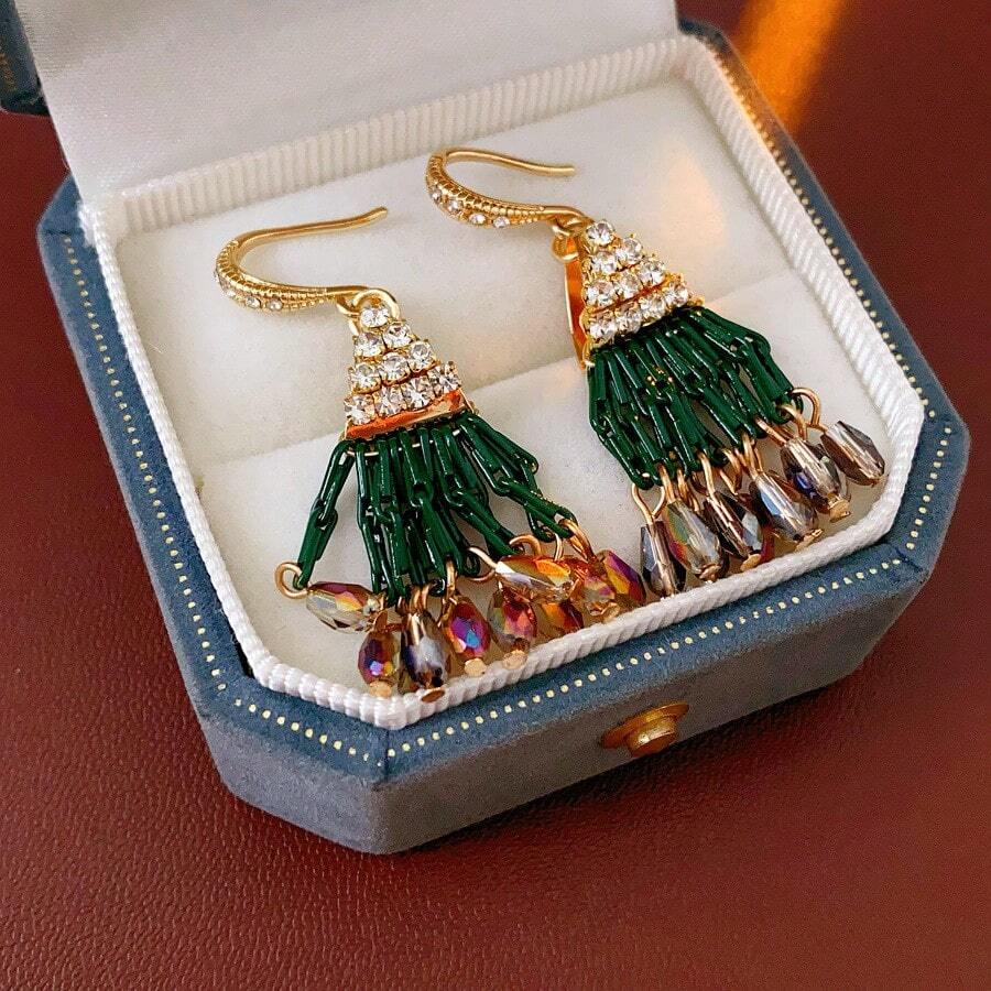 1 Piece Of Fashion Temperament Light Luxury Style Crystal Tassel Long Earrings  Splicing Handmade High-End Sense Retro Niche Design Temperament Earrings Earrings Women's Party Banquet Holiday Gift - 綠色 - 查看 1
