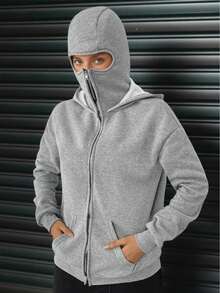 Social Anxiety Essential,Face-Covering,Women's Oversized Fit&Regular Length Double-Hooded Hooded Sweatshirt&Sweatshirts,Zip-Up With Pocket,Fall Women Clothes,Winter Clothes For Women,Autumn Clothes,Winter,Winter Clothes,Fall Clothes - Light Grey - View 4