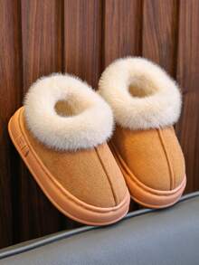 儿童一脚蹬拖鞋，2025秋冬新款，幼儿/小童/大童，室内/室外，毛茸茸，拼布，简约，软底，舒适 - 駝色 - 查看 4