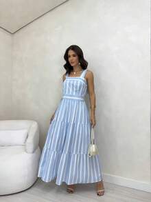 15 Striped All-Over Print Ruched Fabric Ruffle Hem Wedding Dresses - Baby Blue - View 1