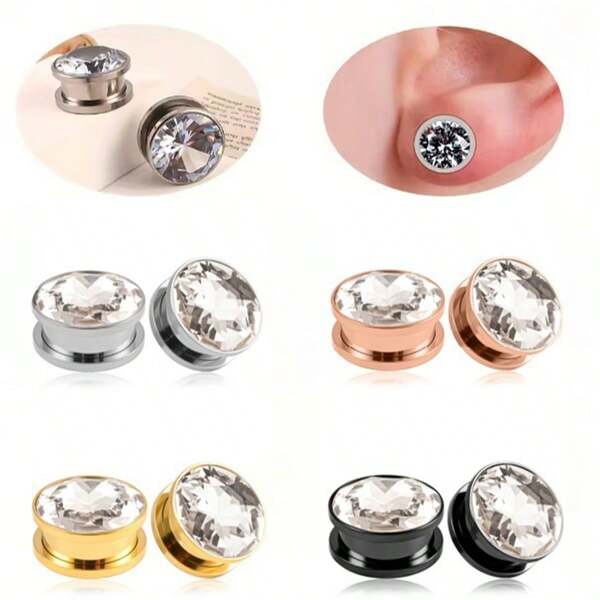 2 Pieces Stainless Steel Cubic Crystal Screw Ear Tunnels Plugs Expander Stretcher Gauges Earrings Body Piercing Jewelry