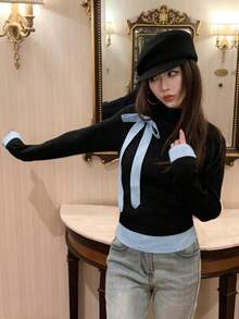 女士休闲高领蝴蝶结撞色黑色毛衣，甜美温柔优雅，合身长袖，秋冬 - 黑色 - 查看 3