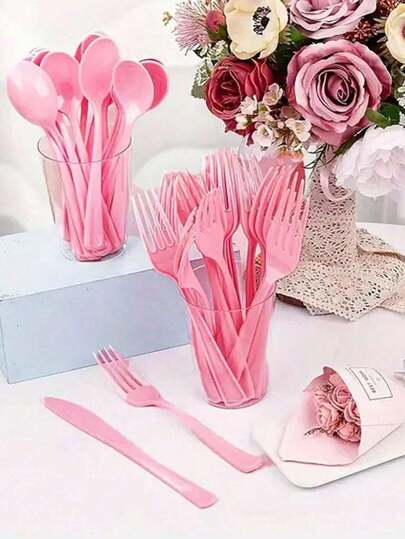 10/30pcs Pink Plastic Tableware Set, Suitable For Festival Parties, Mother's Day, Weddings, Birthdays And Gatherings - Fashionable Cake Knives, Forks And Spoons - Suitable For Formal Events And Dining(Reusable)