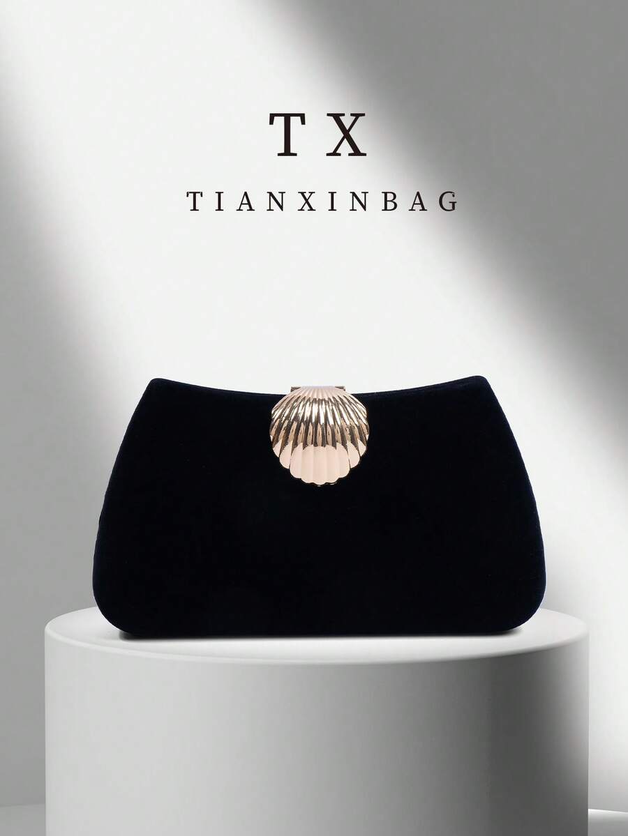 1pc Luxury Velvet Box-Shaped Party Handbag, Unique Scallop Shell Clasp Decor Evening Bag, Suitable For Banquet, Ball, Formal Dress Matching, Minimalist Square Formal Party Crossbody Bag, Tready Party Bag, Perfect For Party, Wedding, Prom, Gala/Banquet, Ideal Accessory For Women's Prom Dress, Prom Attire, Sequin Dress, Shiny Dress, Women's Elegant Dress. - Black - View 1