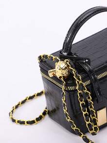 1 件优质黑色鳄鱼压纹拉链小方包，时尚 PU 绗缝钻石缝线盒子包，百搭拉链小方包，女士手提包配链条肩带 - 黑色 - 查看 7