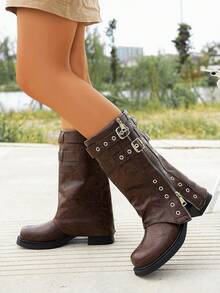 Women's Mid-Calf Boots, Square Toe Chunky Heel Riding Boots, Minimalist Belt Buckle Zipper Decor Fashion Boots