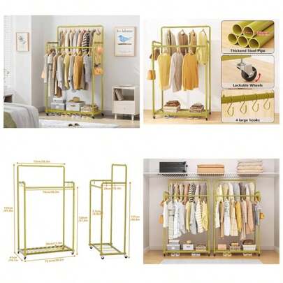 Clothes Rail, Metal Clothes Rack With Hooks, Double Rads Heavy Duty Clothing Rail Bedroom, Portable Clothing Rack Clothes Storage Shelf, Hold Up To 80