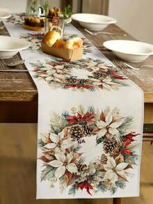 1pc Vintage Christmas Wreath Pattern Table Runner, Christmas Home Decor Table Runner For Indoor Outdoor Party, Suitable For Christmas Home Kitchen Decor And Christmas Event Party Decoration