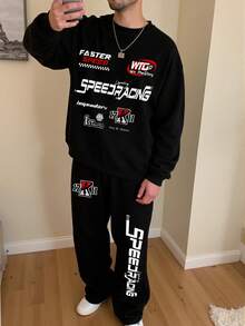 男士秋冬常规款运动衫和运动裤套装，个性化赛车印花和文字设计，时尚休闲装，带口袋运动裤，两件套 - 彩色 - 查看 2