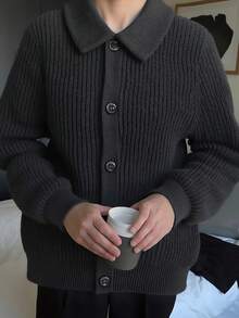 1pc Teen Boys Fashionable Solid Color Collared Knit Sweater, Versatile Layering Piece, Spring/Autumn - Black - View 4
