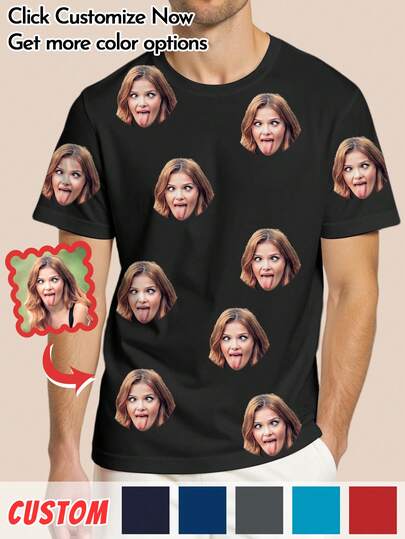 1pc Customizable Men's T-Shirt, Add Custom Person & Pet , Breathable Comfortable Tee, Full Print Personalized Short Sleeve T-Shirt