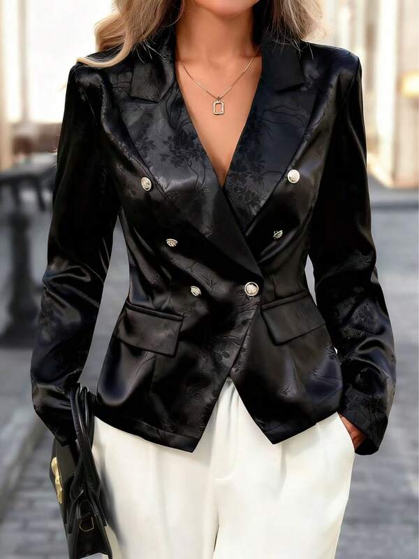 Women's Elegant Double- Breasted Blazer With Golden-Tone Button Accents - Solid Black H- Silhouette Tailored Jacket,Regular Fit Long Sleeve For Professional & Formal Occasions, Office Wear, Luxury Button Detail, Business Attire, Classic Style, Construction, Stylish Outerwear,Career Wardrobe