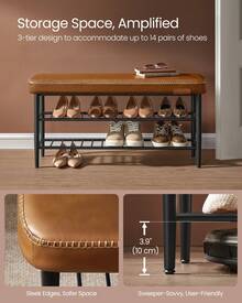 EKHO Collection - Shoe Storage Bench, Shoe Rack Bench Entryway, Synthetic Leather With Stitching, Mid-Century Modern, Loads 135 Kg, 30 X 100 X 50 Cm, Caramel Brown - màu nâu - Xem 7