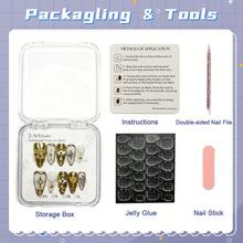 10pcs Gold 3D Decorative Press On Nails Handmade Acrylic French Y2K Style Milky White Nude Color Almond Full Coverage Fake Nail Set With Pearl Star Bow Moon Eye Cross Details Luxury Cute Press On Nails For Valentine's Day Gifts Easter Party Wedding Daily Wear Comes With Mini Nail File And Double Sided Adhesive Tabs - 白色 - 查看 8