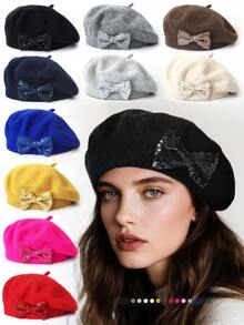 1pc Women Faux Pearl & Bow Embellished Wool Beret Hat, Casual Versatile Solid Color Black Beret Hat,Summer,Beach - Multicolor - View 12