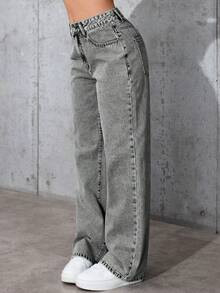 万圣节大码牛仔裤，秋冬女装简约休闲宽松直筒水洗牛仔裤 - 灰色 - 查看 6