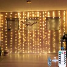 Cortina de luces LED de hadas de 300 luces, 3 m x 3 m, color blanco cálido, con enchufe USB, 8 modos de iluminación, decoración navideña, luces colgantes con control remoto para dormitorio, interior, boda, dormitorio. - Blanco Cálido - Ver 2