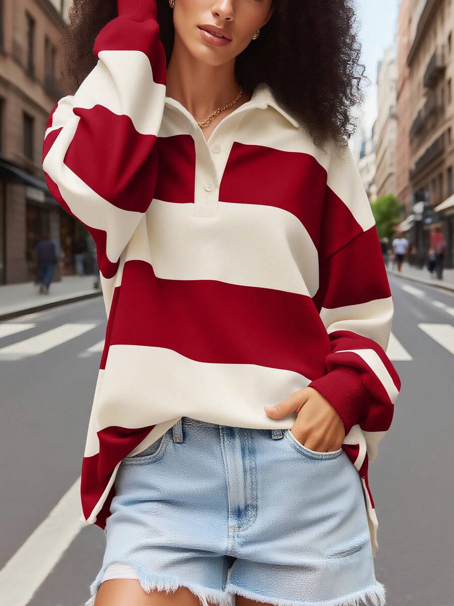 Y2k Women Striped Rugby Polo Shirt Long Sleeve Collared Oversized Vneck Sweatshirt Vintage Jersey Girls Streetwear - 酒紅色 - 查看 1