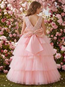 Girls Sequin Princess Dress Layered Tulle Ball Gown With Big Bow Back Formal Flower Girl Dress For Birthday Party Wedding Pageant Evening Occasion - 珊瑚粉 - 查看 2