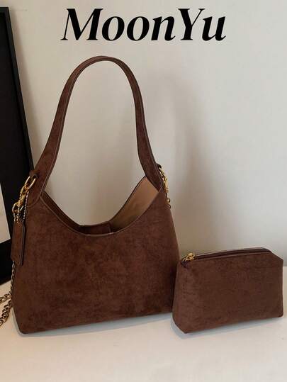 1pc Women's Handbag, Fashion Shoulder Bag, Crescent Shaped Minimalist Elegant Faux Suede Bag With Metal Chain, Suitable For Shopping And Commuting, Comes With A Small Pouch, Coffee Color