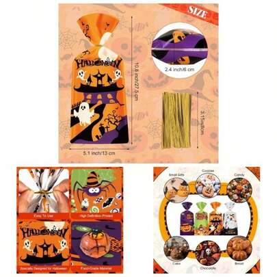 50 Pack Halloween Treat Bags - Plastic Halloween Goodie Bags, Happy Halloweens Candy Bag, Trick Or Treat Snack Cellophane Bags With Twist Ties Hallowen Party Birthday Supplies Favors