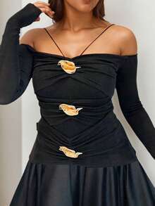 فستان طويل بياقة حلقية وخصر ضيق بطراز فرنسي رجعي أنيق، فستان طويل للنساء بتزيين معدني أسود مفتوح الكتف، مناسب للسهرات والأعياد مثل عيد الميلاد وعيد الشكر