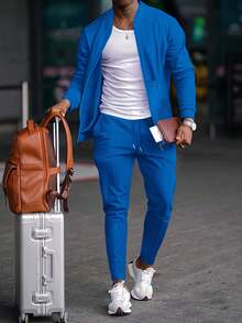 男士 2 件套：1 件棒球领纯色长袖开衫夹克 + 1 条长裤，秋季服装，舒适服装 - 藍色 - 查看 8