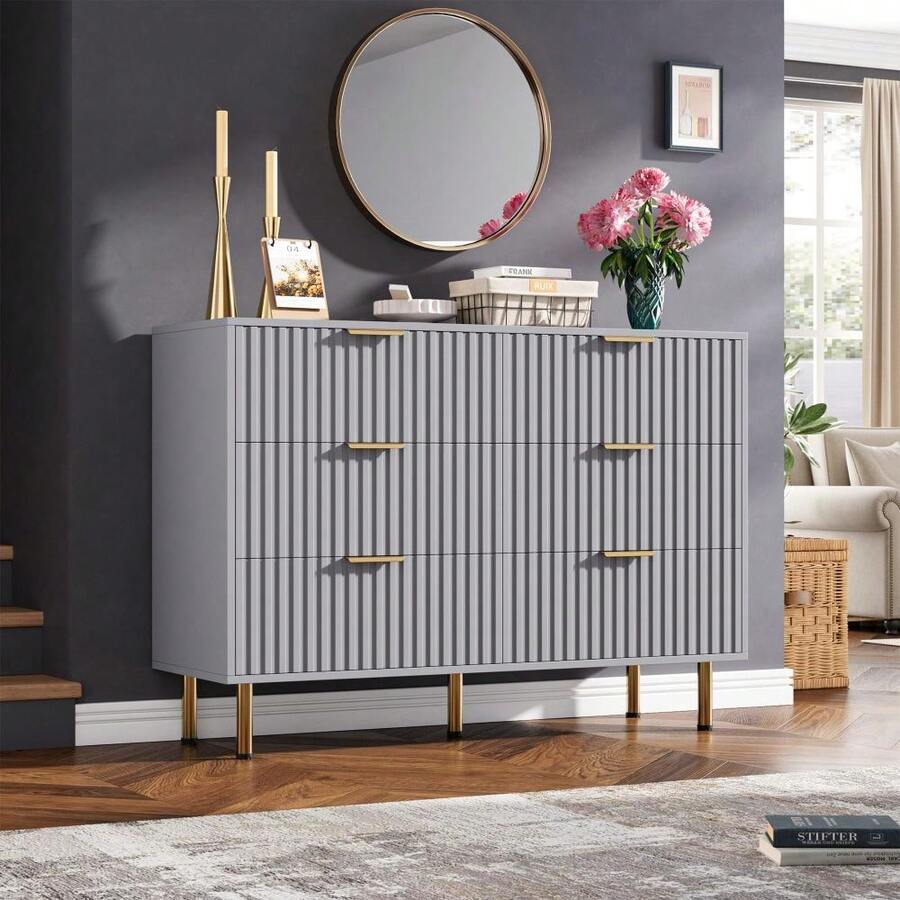 Tzou Fluted 3/5/6 Drawer Dresser, Modern Bedroom Dresser With Deep Storage Drawers & Wide Surface, Multi-Functional Wooden Organizer For Living Room, Hallway - Tủ 6 ngăn kéo màu xám mờ - Xem 1