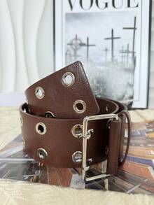 Y2K 风格宽腰带，带大金属孔眼，时尚简约百搭 PU 皮带，适合女士休闲、派对、校服秋季、万圣节 - 咖啡 - 查看 9