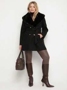 Elegant Double-Breasted Coat With Fur Collar And Belt - Black - View 2