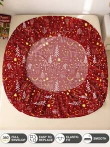 1pc Christmas Bow Reindeer Christmas Tree Print Fitted Sheet, Bedding, Fitted Sheet, Mattress Cover, Soft And Comfortable Bedding For Bedroom Mattress Protector Fitted Bed Sheet Only, Machine Washable