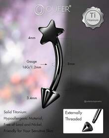 Solid Titanium Eyebrow Rings And Heart Labret Jewelry, 16G - 黑星 - 查看 3