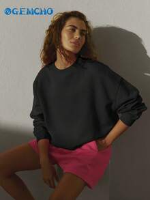 GEMCHO Women's Casual Round Neck Sweatshirt Basic Solid Sweatshirt Simple Daily - Black - View 10