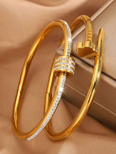 2 件女士时尚 18K 镀金不锈钢梅花钉手镯和腰镯首饰套装，防水防褪色，适合日常佩戴，节日礼物
