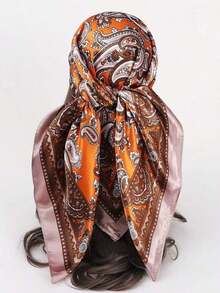 1pc Women's 90cm Paisley Print Square Scarf, Fashion Faux Silk Bandana And Headscarf, Versatile Neck Wrap Or Chest Shawl, Lightweight Satin-Feel Accessory For Hair, Daily Wear, Travel, Summer Outfits, And Chic Gift Idea For Women - 黑色 - 查看 11