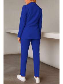 Conjunto elegante de blazer y pantalón de manga larga con cuello chal y doble botonadura para mujer, tejido elástico medio. - azul real - Ver 4