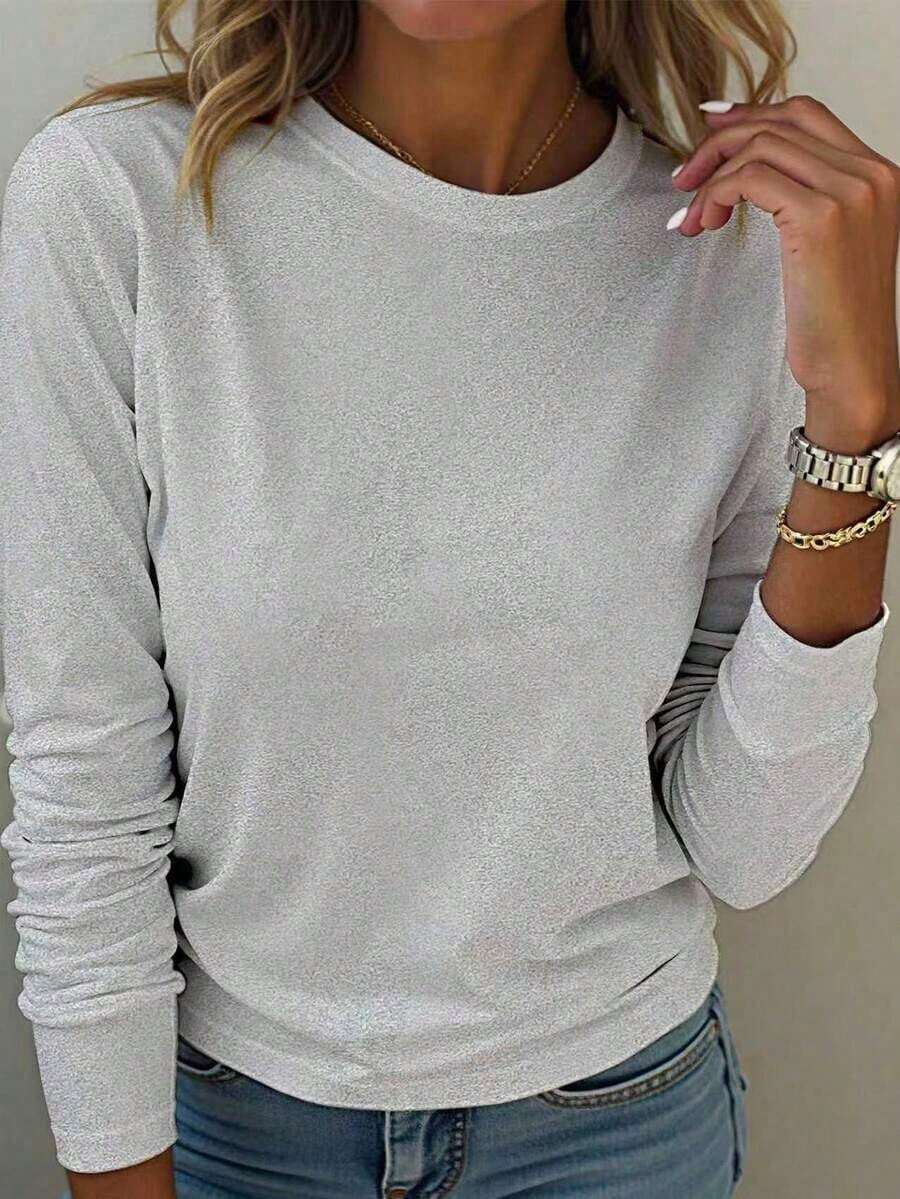 2026EMERY ROSE Heart-Shaped Printed Round-Neck Long-Sleeved Shirt, Suitable For Romantic Valentine's Day Patterned T-Shirt Women's Top, Suitable For Spring Clothing And Autumn Women's Wear,Valentine's Day Hoodie For Couples,New Years Outfit Women,Women's Tops - 淺灰色 - 查看 1
